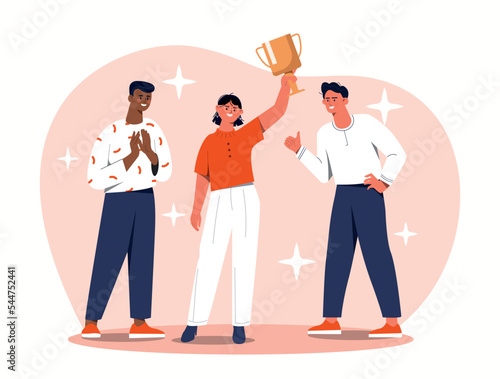 People congratulate their friend. Man and woman present goblet to young man. Achievement and victory, trophy and award. Successful employee, winner in competitions. Cartoon flat vector illustration