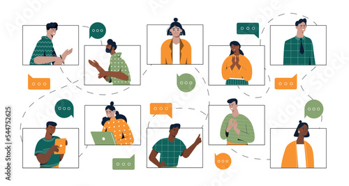 Video call or conference. Modern technologies, remote employees or freelancers and coworkers. Set of graphic elements for website. Cartoon flat vector illustrations isolated on white background