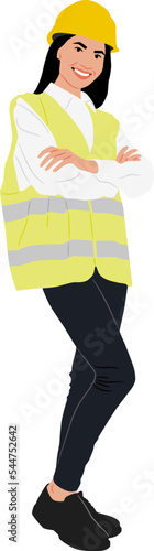 A female worker with crossed hands wearing a helmet and a vest. Hand-drawn vector illustration isolated on white. Full length view	