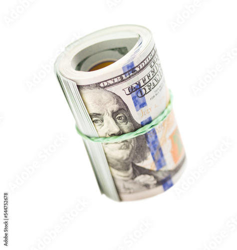 Transparent PNG roll of one hundred dollar bills bound by rubber band. photo