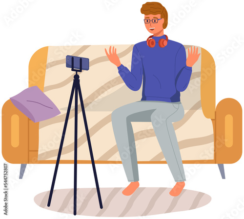 Phone on tripod. People broadcasting, stream on smartphone. Live streaming. Video blog recording, male blogger using mobile and tripod stand. Illustration of making videos for social media publishing