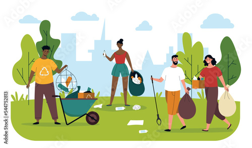Cleaning city park. Men and women with bags collect garbage in park. Activists and volunteers take care of nature. Responsible ecofriendly society. Poster or banner. Cartoon flat vector illustration