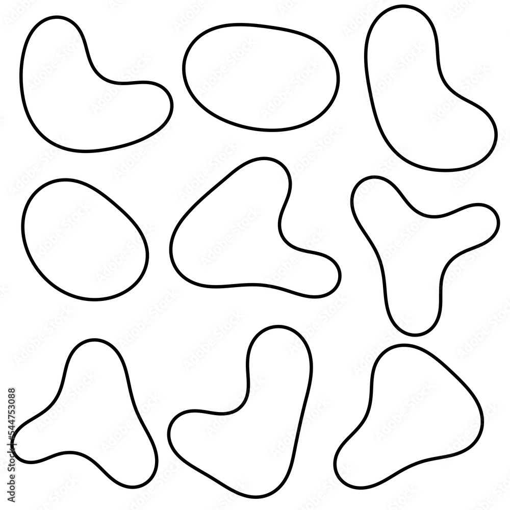 Organic abstract random blob shapes in minimal black line design. Fluid irregular forms elements outline. Liquid blotch silhouettes, frame water, bubble outline, irregular oval, random shapes. Organic abstract random blob shapes in minimal black line design. Fluid irregular forms elements outline. Liquid blotch silhouettes, frame water, bubble outline, irregular oval, random shapes.