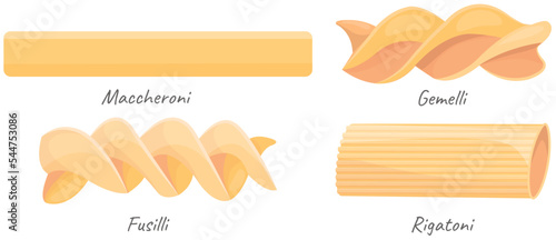 Pasta set. Italian traditional macaroni cartoon gemelli icon, fusilli, spaghetti, rigatoni. Flour products for food blog or menu design. Dry ingredient, kitchen and cooking theme, restaurant