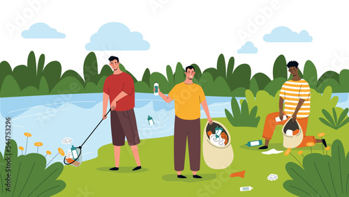 People cleaning nature. Men collect garbage in bags. Responsible community and ecofriendly characters. Volunteers and activists. Caring for ecology and nature. Cartoon flat vector illustration
