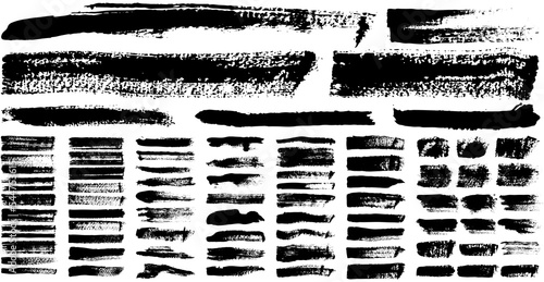 Set of different abstract shapes, smears and prints. Black design elements isolated on white background. Seamless pattern for creating style. Decoration template, brush strokes for design styling