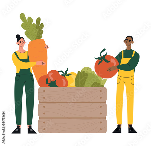 Tiny farmer concept. Man and woman standing with box of vegetables, fresh and natural products. Workers with harvest in their hands. Cartoon flat vector illustrations isolated on white background