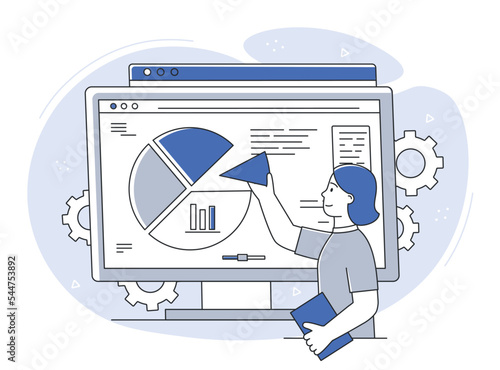 Business analytics strategy. Woman looks at graphs and charts. Work with statistics and analysis of information. Talented entrepreneur or investor, financial literacy. Cartoon flat vector illustration