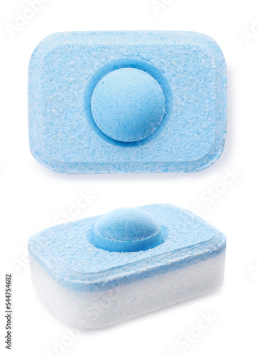 Blue water softener tablets on white background