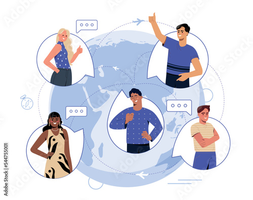 Friends around world. Avatars of users of social media and messengers on world map. Communication and interaction on Internet. Modern technologies and digital world. Cartoon flat vector illustration