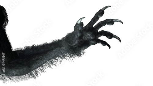 Fotografie scary monster hand, furry werewolf paw for halloween background render 3d