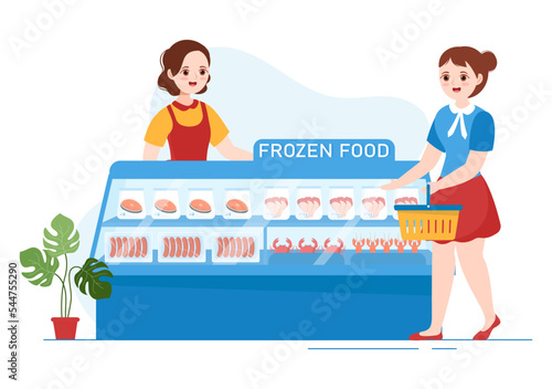 Frozen Food Store with Products Vacuumed using Foil and Pouch Packaging to be Fresh in Hand Drawn Cartoon Template Illustration
