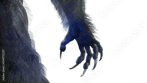 Fotografie scary monster hand, furry werewolf paw for halloween background render 3d
