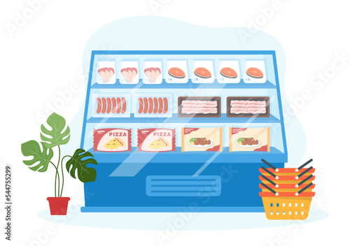 Frozen Food Store with Products Vacuumed using Foil and Pouch Packaging to be Fresh in Hand Drawn Cartoon Template Illustration