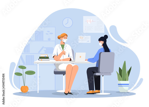 Woman visiting doctor. Specialist in medical gown interviewing patient, making diagnosis and choosing treatment method. Health care and regular check ups concept. Cartoon flat vector illustration
