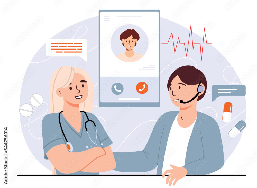 Call doctor concept. Man and woman answer questions of patient, conduct