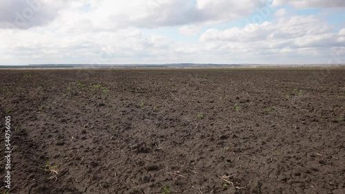 Agricultural landscape arable field. business agriculture concept. walk on brown black soil arable a land. preparation for sowing crops sky in agriculture landscape motion steadicam. farming field photo