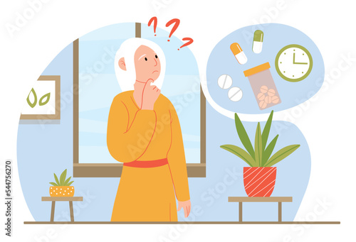 Memory loss disorientation. Elderly woman forgot where pills. Dementia and Alzheimer. Health concerns and problems with memory and cognitive abilities of brain. Cartoon flat vector illustration