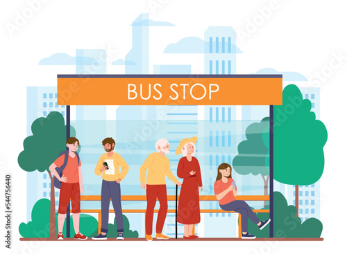 Public transport concept. Men and women at bus stop. Citizens of different sex and age go about their business, convenience and service. Poster or banner for website. Cartoon flat vector illustration