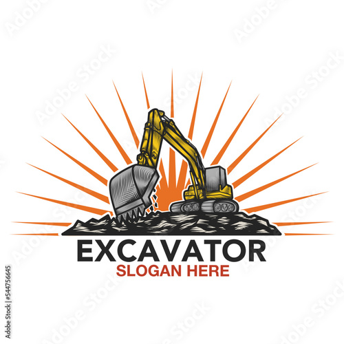 Excavator construction logo design, excavator logo element heavy equipment work with the sun. transportation vehicle mining. vintage hand drawn illustration style.