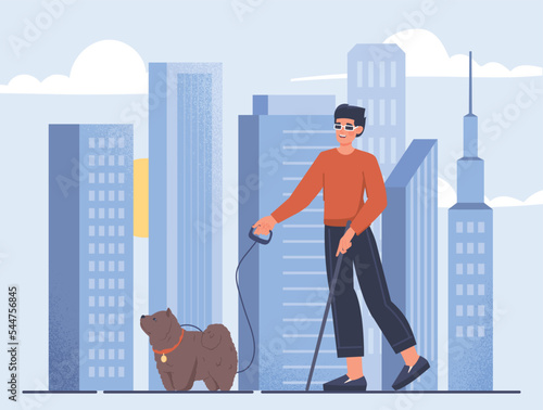 Blind man with dog. Young guy in sunglasses with stick and promo animal. Poster or banner for website. Medicine and health problems.