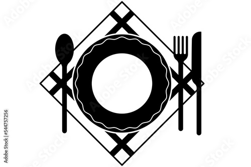 Plate fork spoon knife. Party decoration. Kitchen icon. Vector illustration. stock image. 