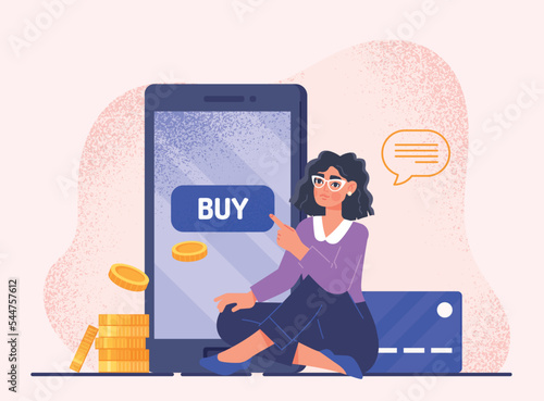 Online mobile payment. Woman sits next to smartphone. Metaphor of electronic wallet, online transaction and transfers. Modern technologies and digital world. Cartoon flat vector illustration