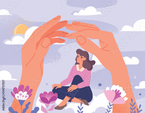 Psychology support concept. Woman sits on cloud next to big hands. Psychology and mental health, awareness and mindfulness. Support and love, optimism and positivity. Cartoon flat vector illustration