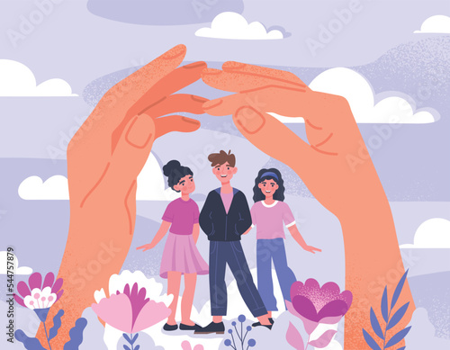 Psychology support concept. Man and women standing on cloud protected by large hands. Metaphor of love and support. Positive psychology and mental health care. Cartoon flat vector illustration