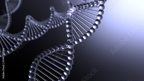 Science Molecular Clear DNA Model Structure under blue-white flash lighting background. 3D illustration. 3D CG. 3D high quality rendering.