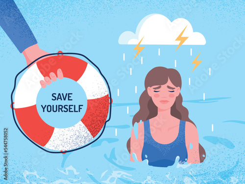 Save yourself concept. Woman sits in water in rain, and hand holds out lifebuoy to her. Motivation and fight against depression and frustration, psychological support. Cartoon flat vector illustration