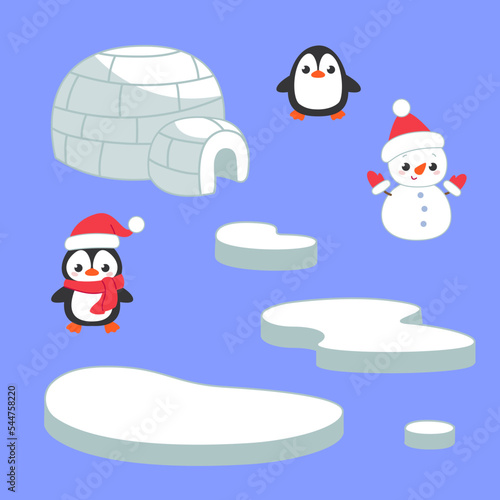 Cute christmas set with ice floes and igloo house, penguin, snowman, family. Winter set to demonstrate the nature of the Arctic. Cheerful children's print for textiles, clothes. Vector illustration.