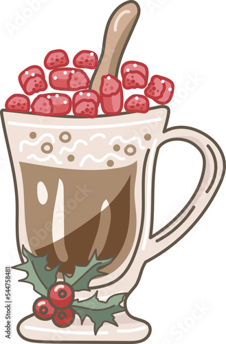 Winter Cocktail, cocoa or coffee with marshmallow and holly.