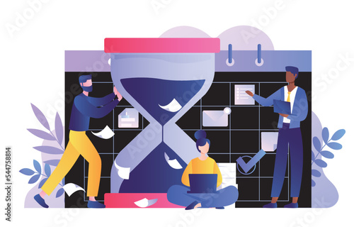 Concept of deadline. Men and woman on background of calendar and hourglass. Metaphor for time management and efficient workflow. Poster or banner for website. Cartoon flat vector illustration