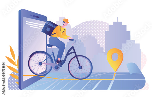 Delivery service concept. Man on bicycle rides out on smartphone screen. Transportation and logistics, modern and convenient services. Poster or banner for website. Cartoon flat vector illustration