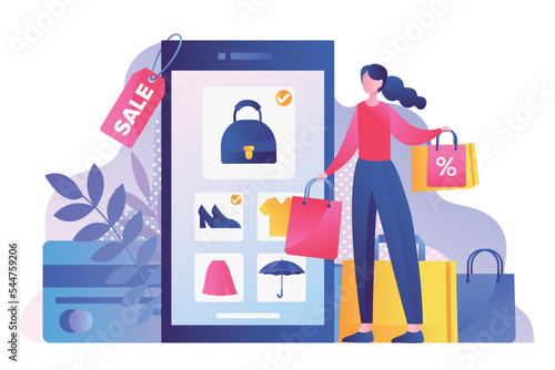 Online shopping concept. Woman with shopping bags stands next to smartphone. Modern technologies and digital world, home delivery of goods, cashless payment. Cartoon flat vector illustration