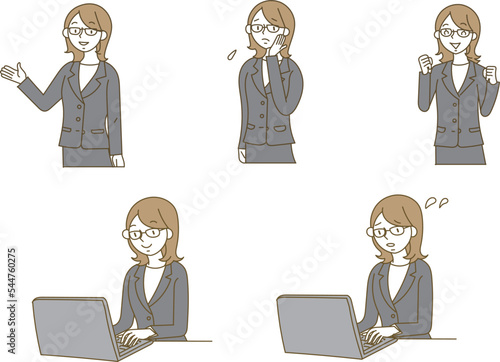 スーツを着て眼鏡をかけた若い女性のイラスト素材セット