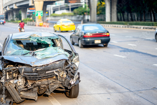 Car with broken windshield, Terrible dangerous car after a fatal accident. Broken windshield. A broken car with broken glass. Сar hazard.