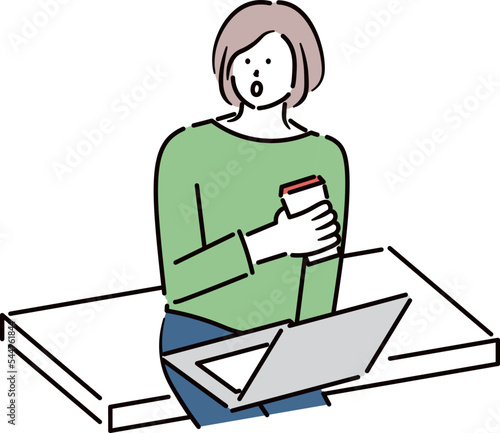ベンチに座りながらノートパソコンで仕事をしている女性が驚いているイラスト素材