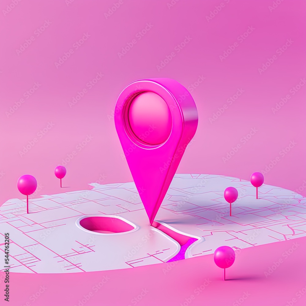 Pink location 3d icon on position place map navigation background with pastel direction pin point symbol or gps destination pointer marker route sign and discovery find road address delivery target. S...
