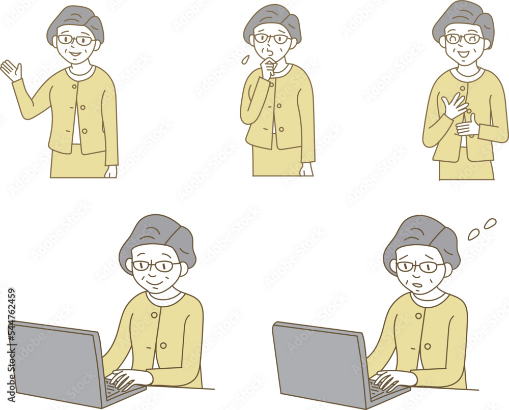 眼鏡をかけてスーツを着たシニア女性のイラスト素材セット