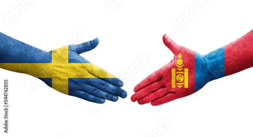 Handshake between Mongolia and Sweden flags painted on hands, isolated transparent image. photo