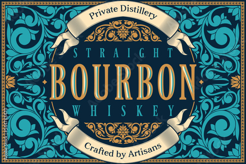 Bourbon Whiskey - ornate vintage decorative label