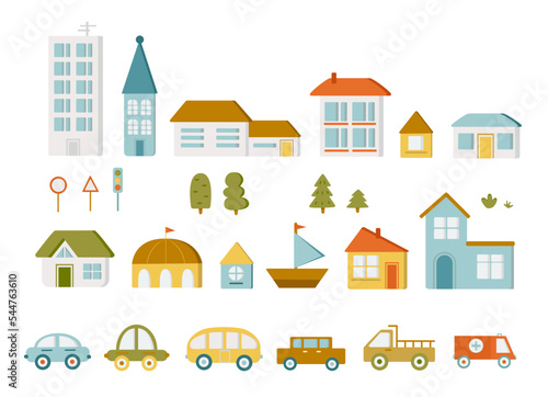Design elements of a modern city. Create map your own town with houses and cars