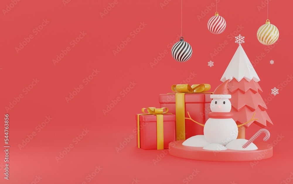 Happy New Year and Merry Christmas.Christmas elements with red background.Greeting card.christmas card.Holiday Xmas background.snowflakes,Ball,Copy space,Snowman.Christmas tree and Gift box.3D render.