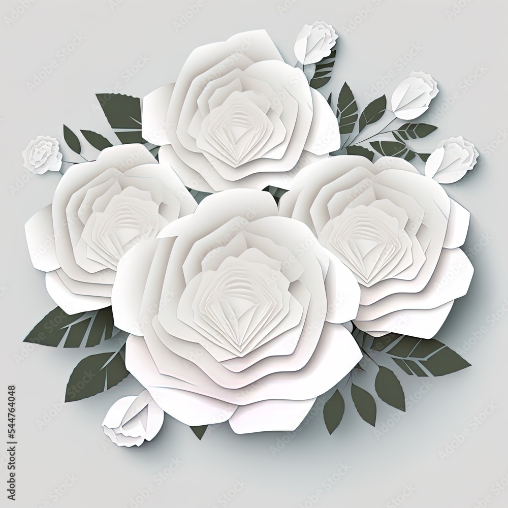 Paper flower. White roses cut from paper. Wedding decorations. Decorative  bridal bouquet, isolated floral design elements. Greeting card template,  blank floral wall decor. Background. Stock Illustration | Adobe Stock