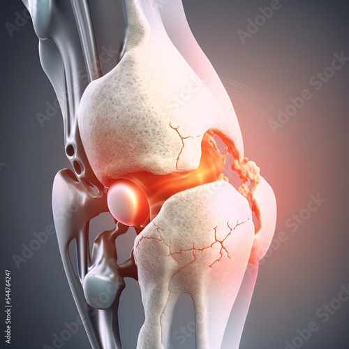 Knee Osteoarthritis 3D Rendering, OA Knee, Knee Pain, Knee Anatomy, Cartilage Damage, Degeneration, 3D Illustration photo
