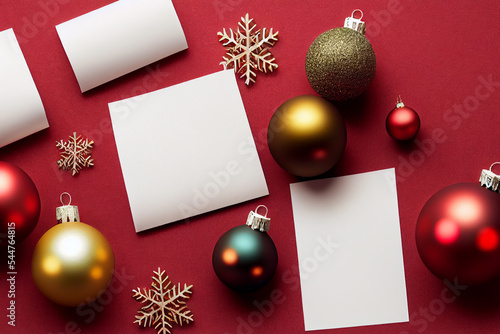 Christmas banner with xmas tree, balls and box, paper in center. Space for text, top view, flat lay