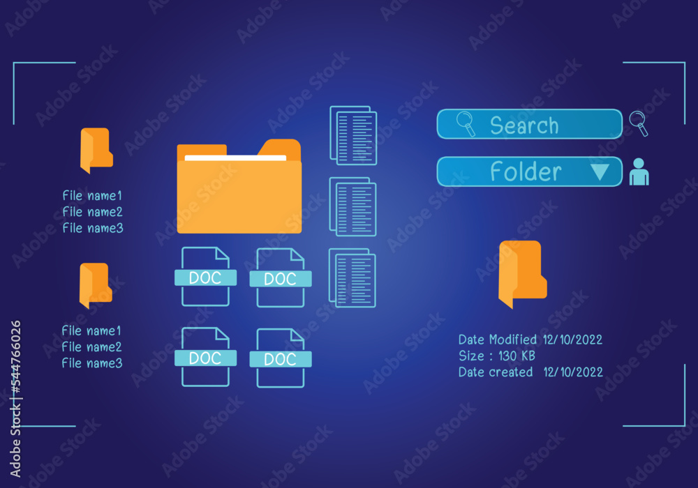 Concept : Document management system , folder and document icon software, searching and managing files online document database, for efficient archiving Concept : Document management system , folder and document icon software, searching and managing files online document database, for efficient archiving