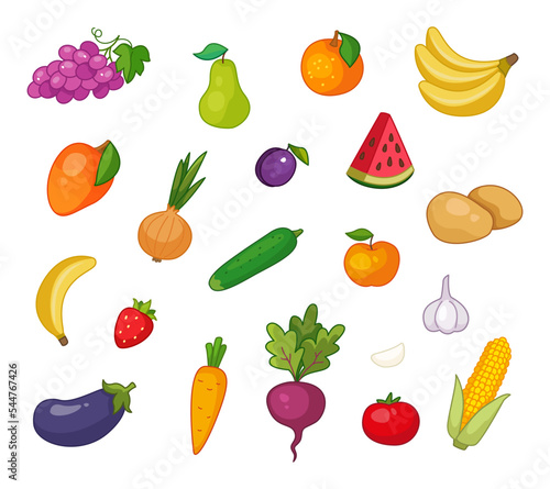 Set of cartoon fruits and vegetables. Banana, grapes, pear, onion, carrot, tomato, corn, watermelon, strawberry. Vector illustration in cartoon childish style. Isolated funny clipart on white